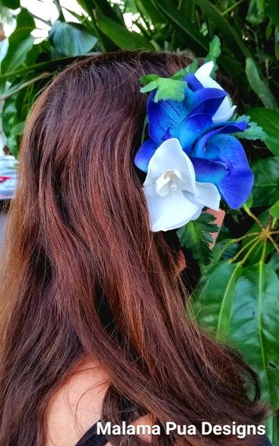 زفاف - HAWAIIAN Blue Orchid Hair Accessory, bridal hair clip, Silk Hair flower, Wedding Headpiece, Swarovski Crystals, Tropical Headpiece, Beach