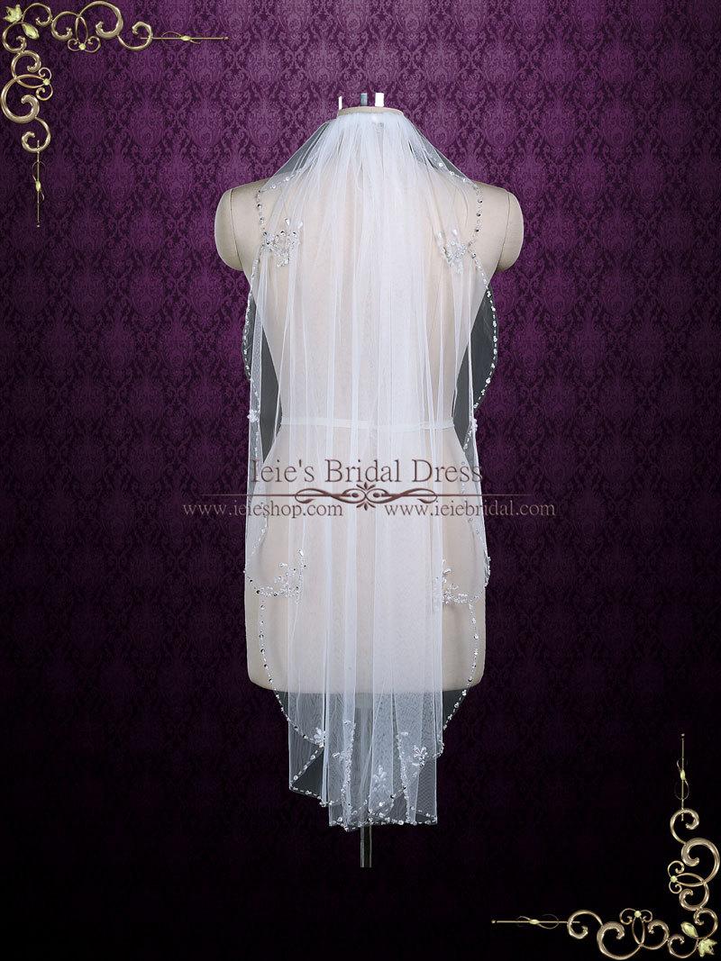 زفاف - Single Tier Fingertip Wedding Veil with Jeweled Edge, Tulle Wedding Veil, Short Wedding Veil, Bridal Veil, Beaded Veil 