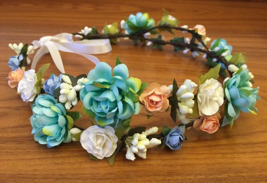 زفاف - Wedding flower wreath Bridal flower crown wedding Head Wreath Turquoise wedding headpiece Floral hair accessory white floral hair wreath