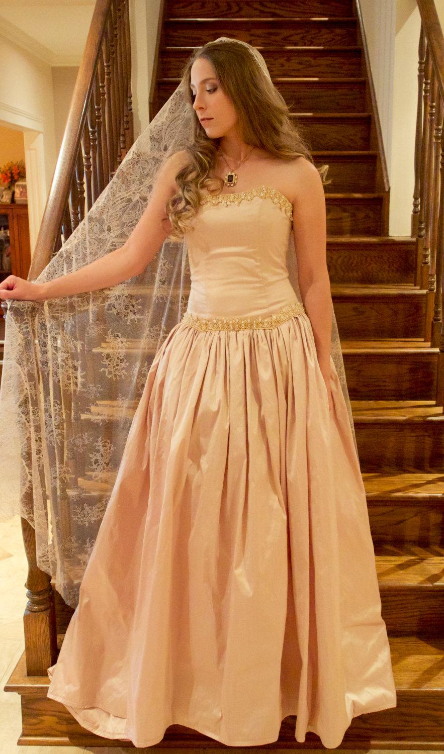 Wedding - Rose Gold Silk Ballgown Wedding Dress, Gold Lace & Crystal Buttons, Affordable and Comfortable Wedding Dress, Vintage inspired (US SIZE 6/8)