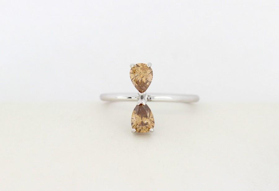 Hochzeit - One of a Kind Champaign Pear Shape Diamond Two Stone Engagement Ring, Pear Shape Diamond Ring, Unique Pear Shape Diamond Engagement Ring