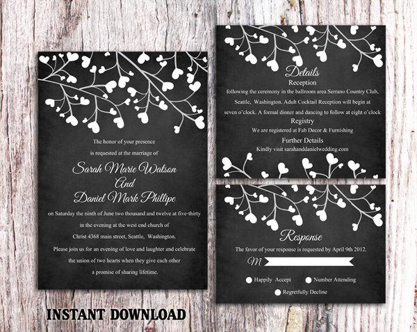 زفاف - Wedding Invitation Template Download Printable Invitations Editable Chalkboard Wedding Invitation Black & White Heart Invitation Invites DIY - $18.90 USD