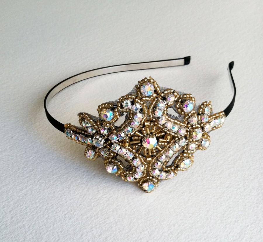 Hochzeit - 1920s Flapper Bridal Headband Iridescent -  Gold Black bridal headband, gold prom rhinestone, bridal head piece, headpiece GOLD IRID