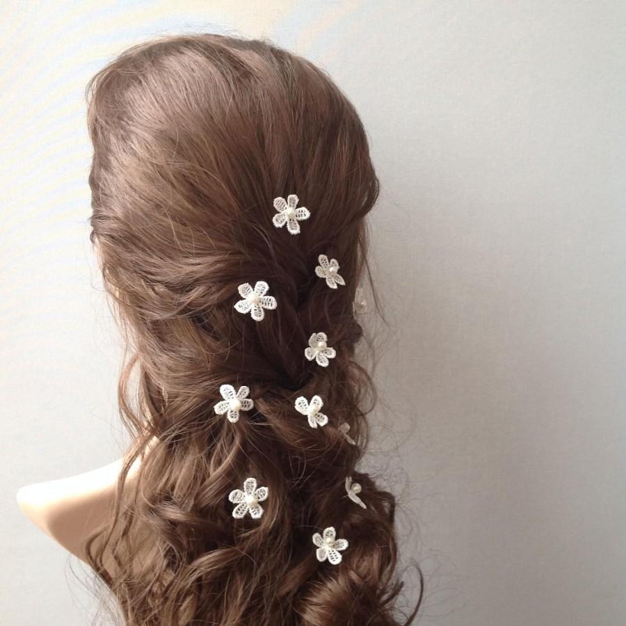 زفاف - Bridal Hair Accessories, Wedding Hair Pins, ivory Lace Hair Pins, Wedding Hair flowers, Set of 10 - $30.00 USD