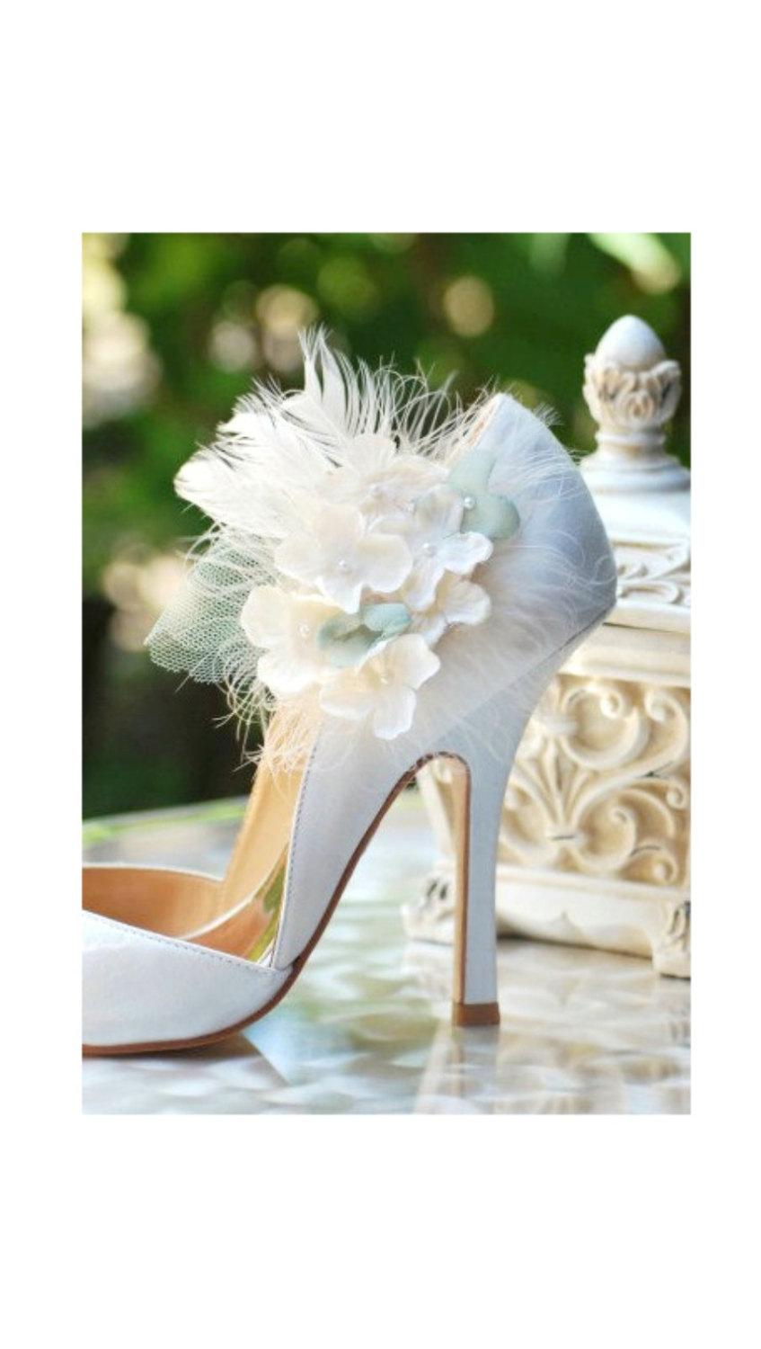 Wedding - Shoe Clips Ivory & Celadon Hydrangea. Spring Garden Elegant Bridesmaid Bride, More lavender apple green hot pink. Pearl / Gem Feathers Tulle