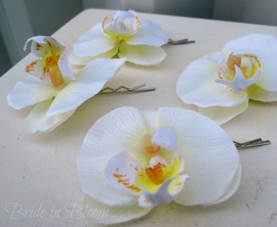 Hochzeit - Wedding hair accessories, Bridal hair clips, 4 white orchid hair pins, bridesmaids flower girls