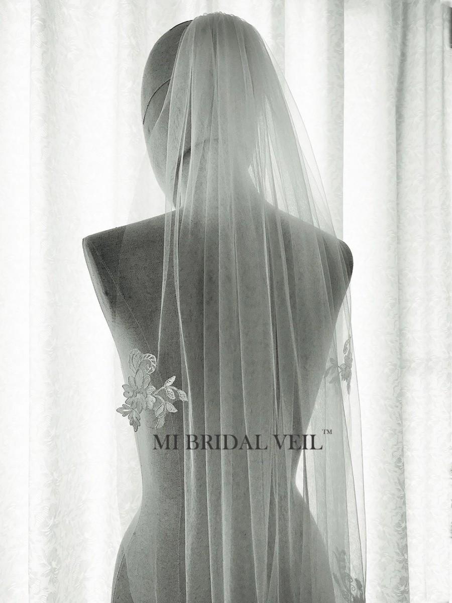 زفاف - Silver Lace Bridal Veil, Vintage Inspired Silver Lace Applique Bridal Veil, Single Tier Lace Veil in Fingertip, Waltz, Chapel and Cathedral