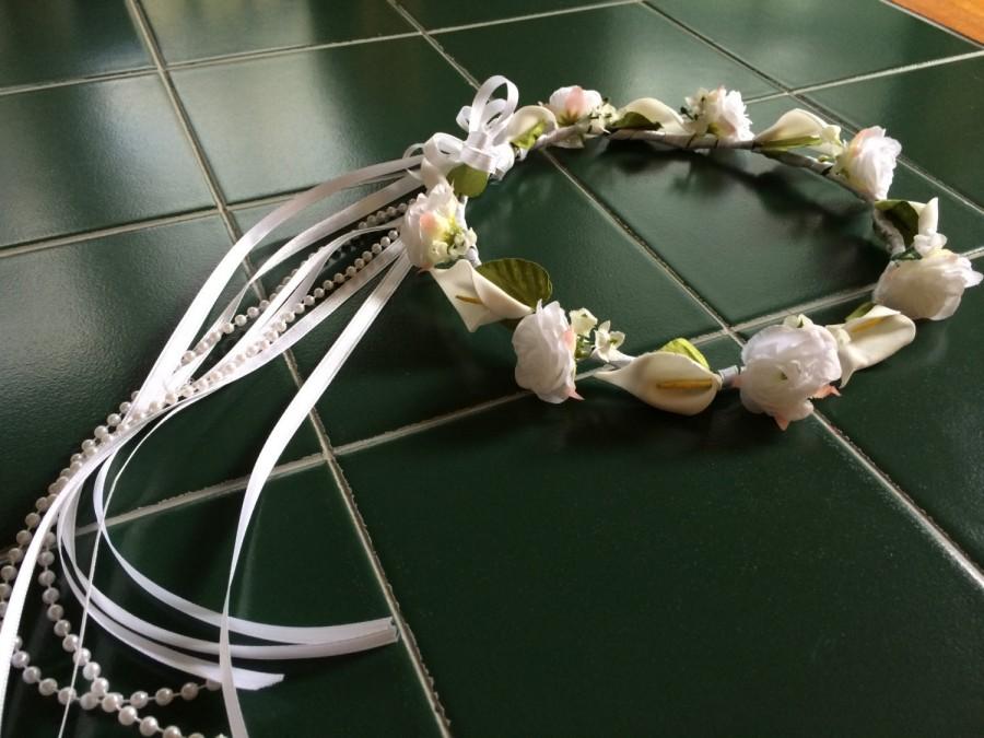 زفاف - your color rose and ribbon white calla lily beach flower girl first communion bridal party headpiece hair wreath halo