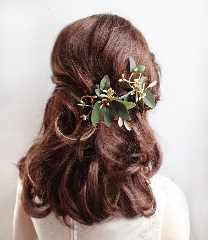 Wedding - leaf hair clips, gold hair vine, bridal headpiece, bridal hairpiece, floral hair clip, leaf hair piece, green and gold wedding hair piece