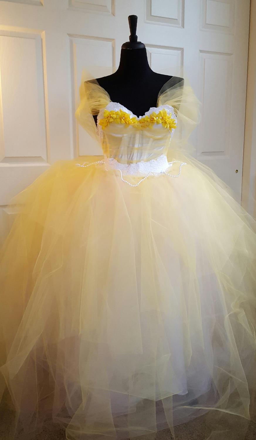 زفاف - Sample Gown / Belle Beauty & the Beast Style Yellow White Princess Lace Tulle Shawl Wedding Bridal BallGown Party Costume Quinceanera Prom