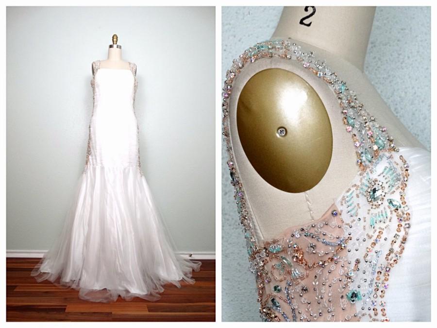 Hochzeit - VTG Inspired Jewel Beaded Mermaid Gown // Sheer White Tulle Nude Sequin Embellished Wedding Dress