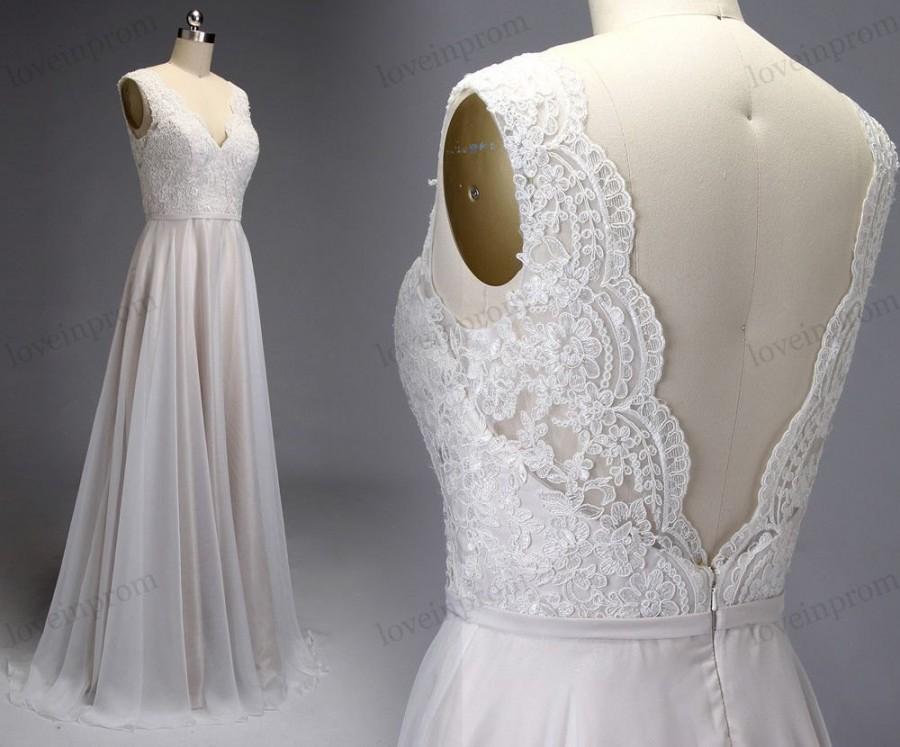 زفاف - 100% Hand made cheap lace wedding dress/bridal gown with v neck backless floor length ivory chiffon fabric/champagne lining