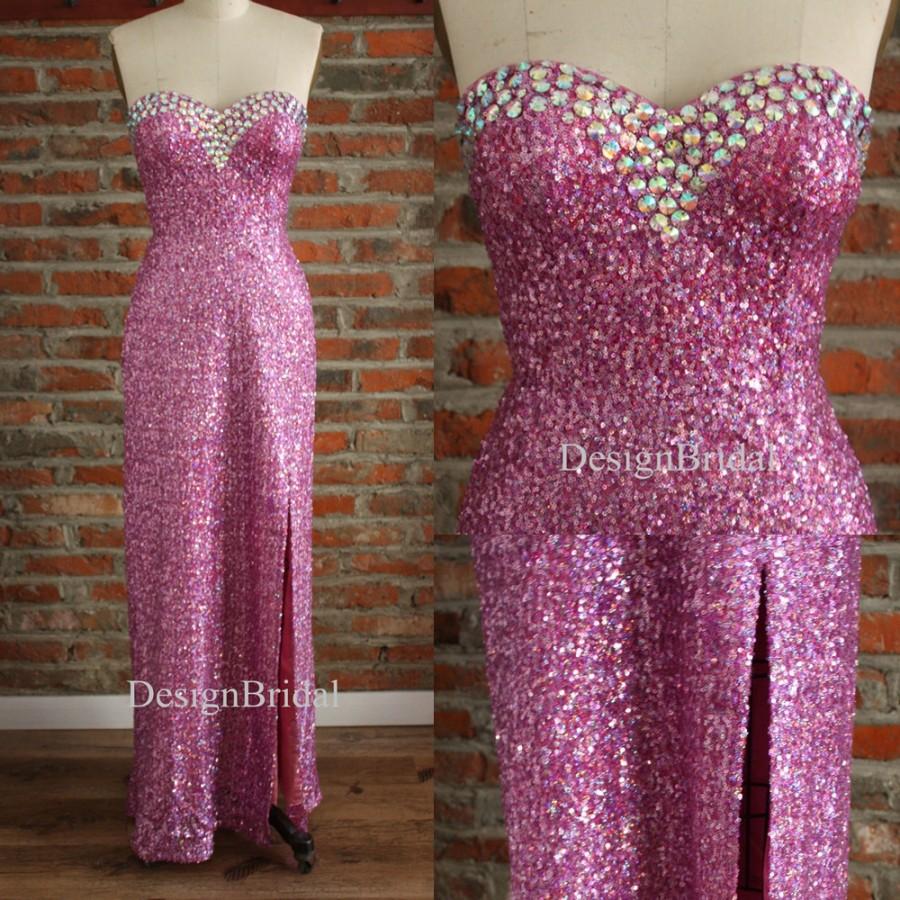 Mariage - Sweetheart Prom Dresses,Hot Pink Sequin Dress,Beaded Wedding Party Dress,Sequin Long Cocktail Party Dress,Sexy Slit Long Dress