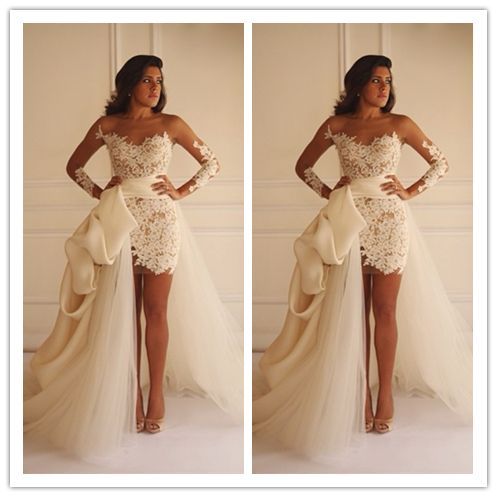 زفاف - Sexy Illusion Long Sleeves White Lace Wedding Dress #W023