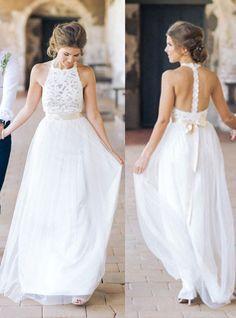 Wedding - Simple Jewel Sleeveless Chiffon Lace Top Wedding Dress,Lace Tulle Beach Wedding Dress With Belt N28
