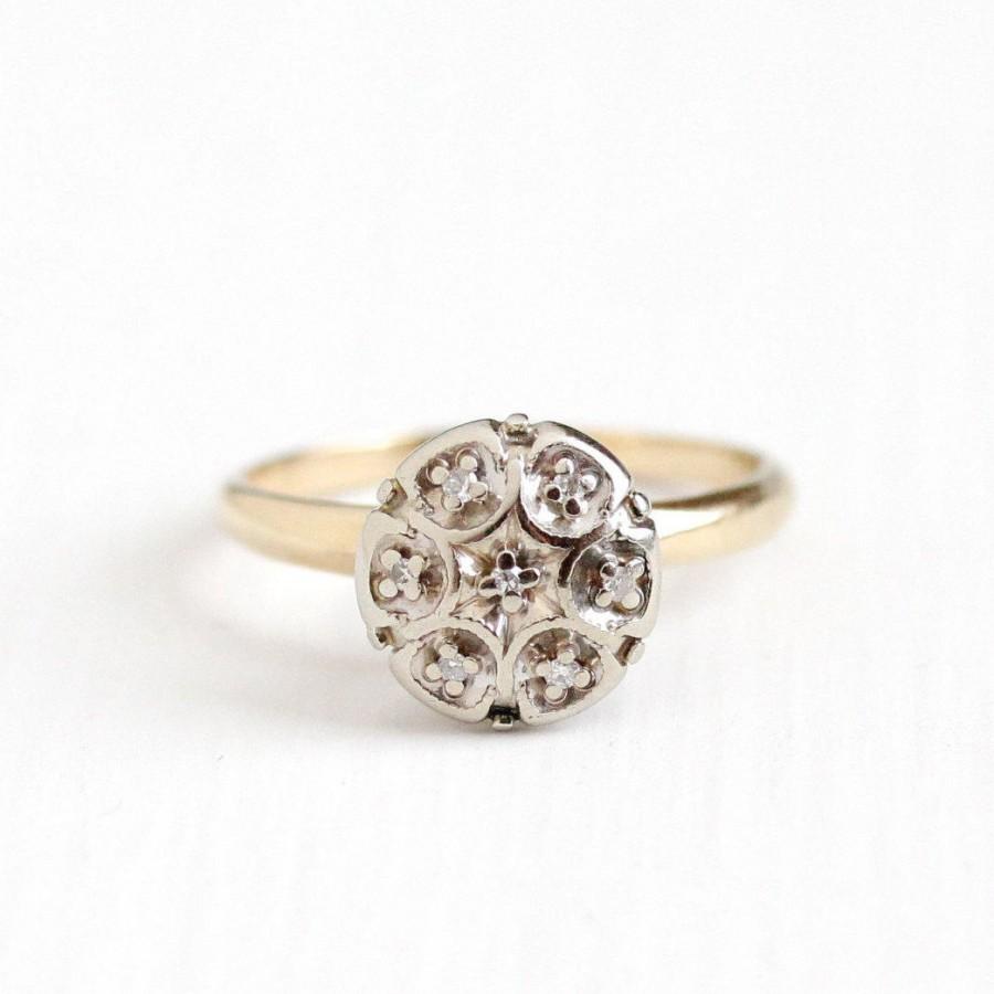 زفاف - Sale - Vintage 14k White & Yellow Gold Diamond Cluster Ring - Size 7 3/4 Mid Century 1950s Retro Fine Engagement Bridal Flower Halo Jewelry