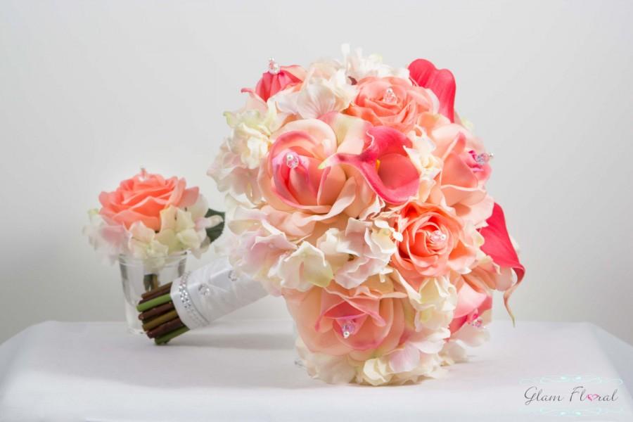 Hochzeit - Guava Coral Wedding Bridal Bouquet Boutonniere Set. Real Touch Roses Callas Lilies Crystals. Mini Calla Lily Caroline Tea Rose Collection
