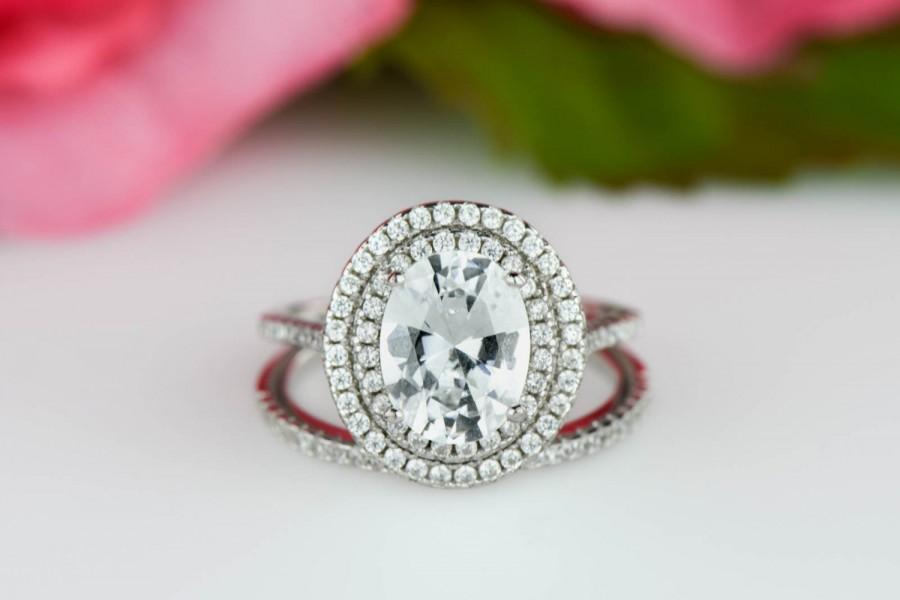 Wedding - 2.25 ctw Oval Double Halo Ring, Wedding Set, Engagement Ring, Man Made Diamond Simulants, Halo Bridal Set, Anniversary Ring, Sterling Silver