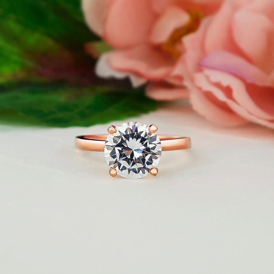 Wedding - 2 ct Engagement Ring, Solitaire Ring, Man Made Diamond Simulant, 4 Prong Wedding Ring, Promise Ring, Sterling Silver, Rose Gold Plated