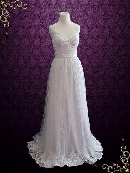 Wedding - Simple Destination Lace Wedding Dress With Thin Straps And Open Back 