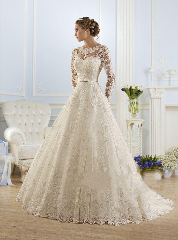 Hochzeit - Luxury Long Sleeve Lace Appliques Low Back Wedding Dress A-line