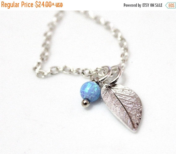 Свадьба - Spring Sale Opal Sterling Silver Necklace with Leaf Charm personalized gift for women initial jewelry