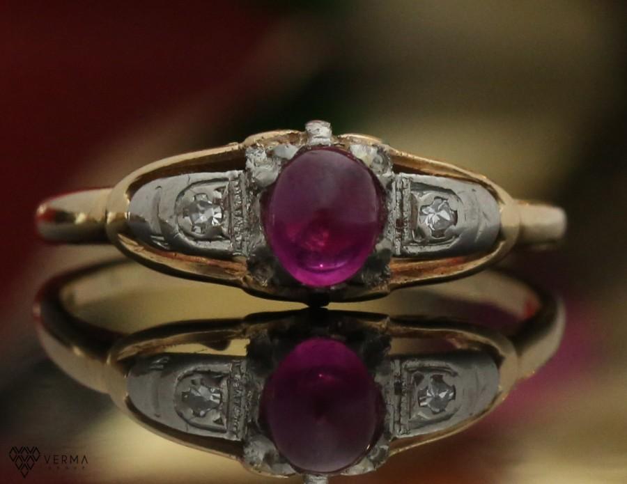 Wedding - Vintage 1950s 2-tone 14k Ruby Cabachon Engagement ring with Diamonds, ATL #294