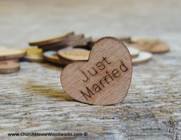 Mariage - Just Married Wood Hearts- Wood Burned 100 count