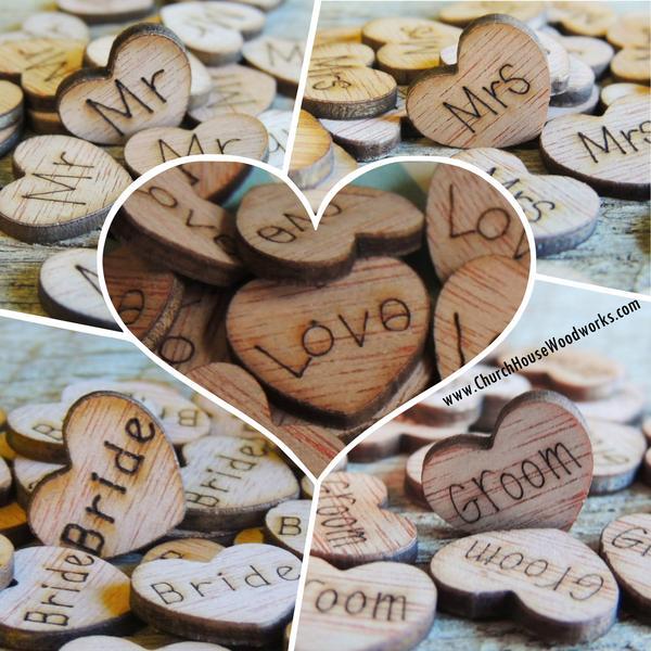 Wedding - 500 Wood Hearts - Love, Mr, Mrs, Bride, Groom