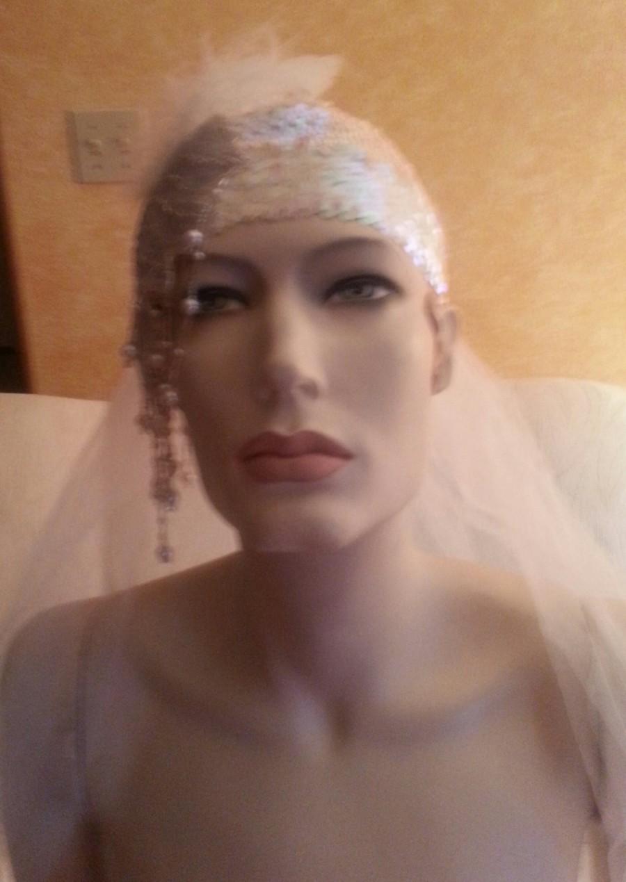 Wedding - Gatsby 20's Flapper Style Iridescent White & Blue Sequined Headpiece/Hat Bridal Wedding Costume Historical Party Club Burlesque