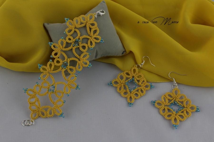 Mariage - Bracciale + orecchini in pizzo chiacchierino, coordinated bracelet + lace tatting earrings, regali per lei, handmade, made in Italy