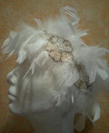 Свадьба - Layaway Available / White Ostrich Feather Beaded Bridal Headpiece (Free Veil or Bracelet With Purchase)