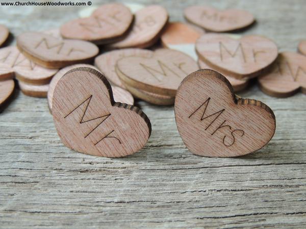 Mariage - Mr Mrs Wood Hearts- Wood Burned 100 count