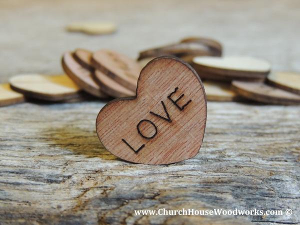 Mariage - LOVE Wood Hearts- Wood Burned 100 count