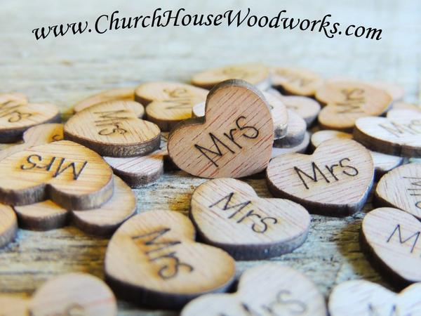 Mariage - Mrs Wood Hearts- Wood Burned- Pack of 100
