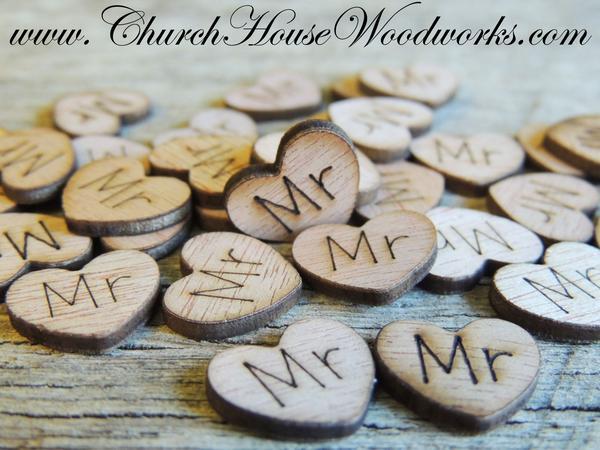 زفاف - Mr Wood Hearts- Wood Burned- Pack of 100
