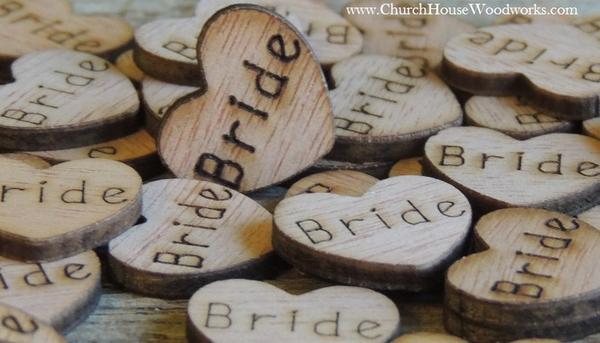 Wedding - Bride Wood Hearts- Wood Burned- Pack of 100