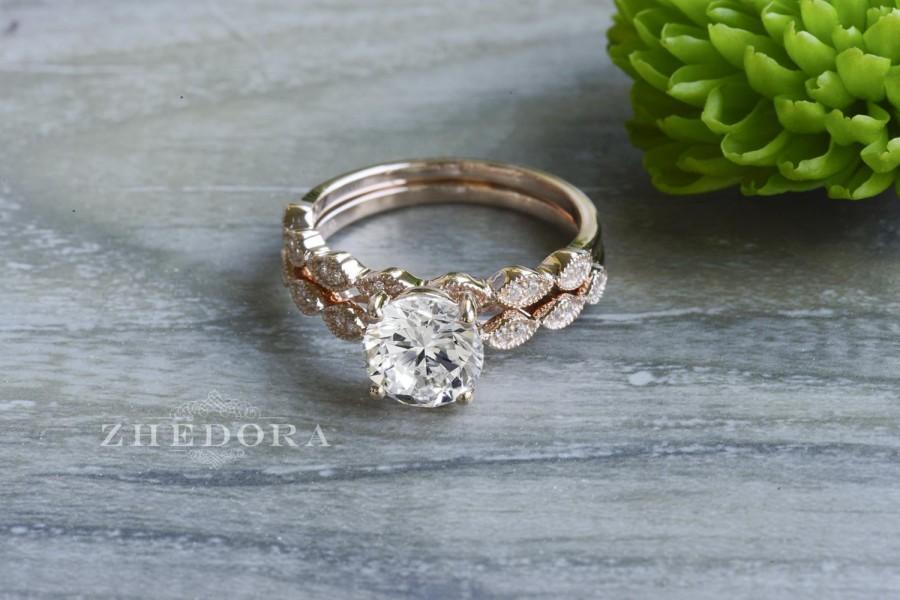 Свадьба - 2.30 CT Round Engagement Bridal Set with Art Deco Scalloped Band In Solid 14k/18k Rose Gold by Zhedora