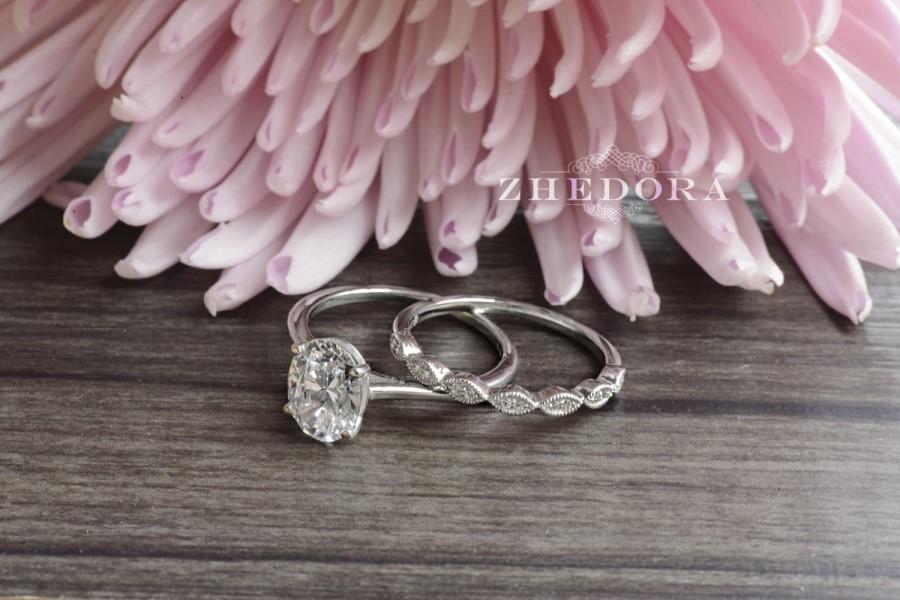 Wedding - 2.15 CT Oval Cut Dainty Solitaire Engagement Wedding Ring with Scalloped Wedding band in 14k/18k Gold Bridal Set