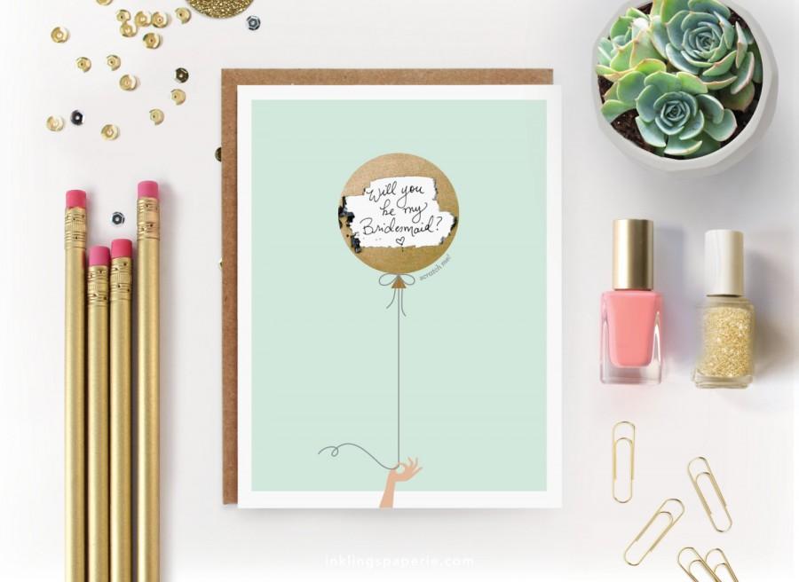 زفاف - Scratch-off "Will You Be My Bridesmaid? / Maid of Honor?"  Write-in Invitation // Mint with Gold Foil Balloon