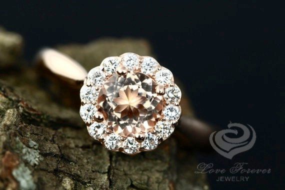زفاف - Amanda 6mm/0.80 Carats Round Cut Morganite 14k Rose Gold Diamond Halo Engagement Ring Anniversary Ring (Other Metals & Stones Available)
