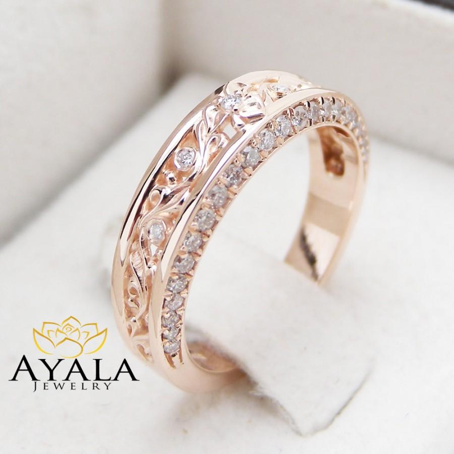 Свадьба - Rose Gold Diamond Wedding Band Half Eternity Engagement Band Filigree Wedding Diamond Ring