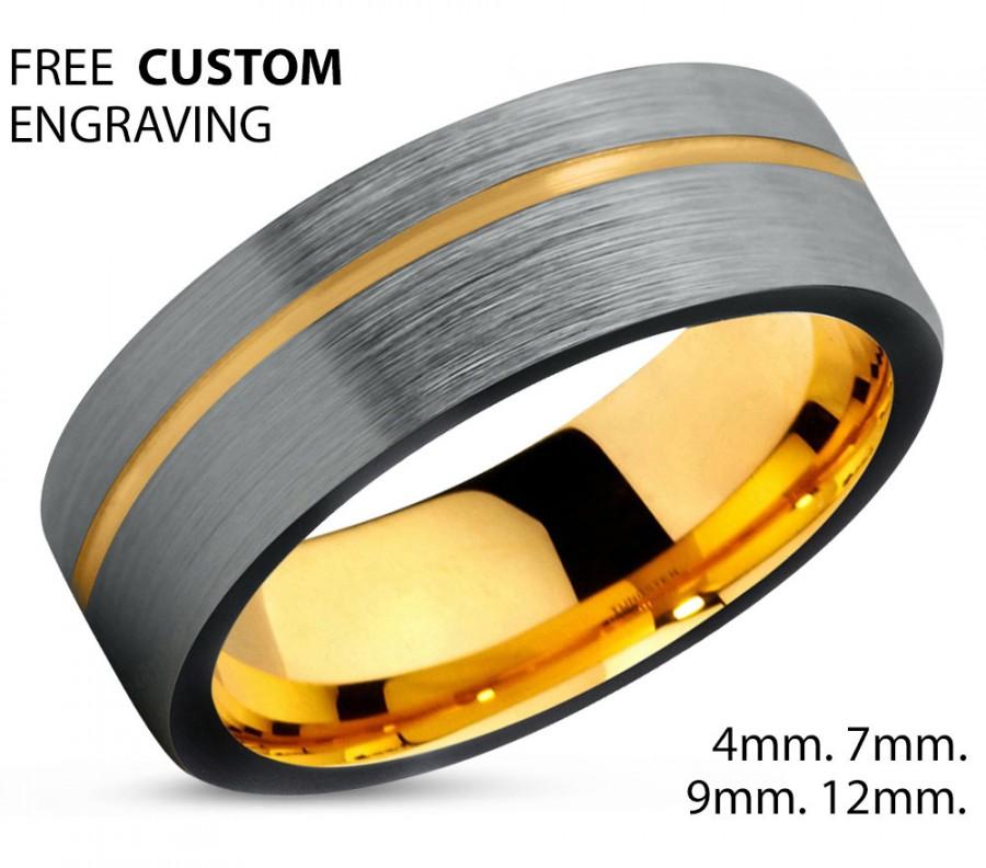 Hochzeit - Brushed Silver Black Tungsten Ring Yellow Gold Wedding Band Ring Tungsten Carbide 7mm 18K Tungsten Ring Man Male Women Anniversary Matching