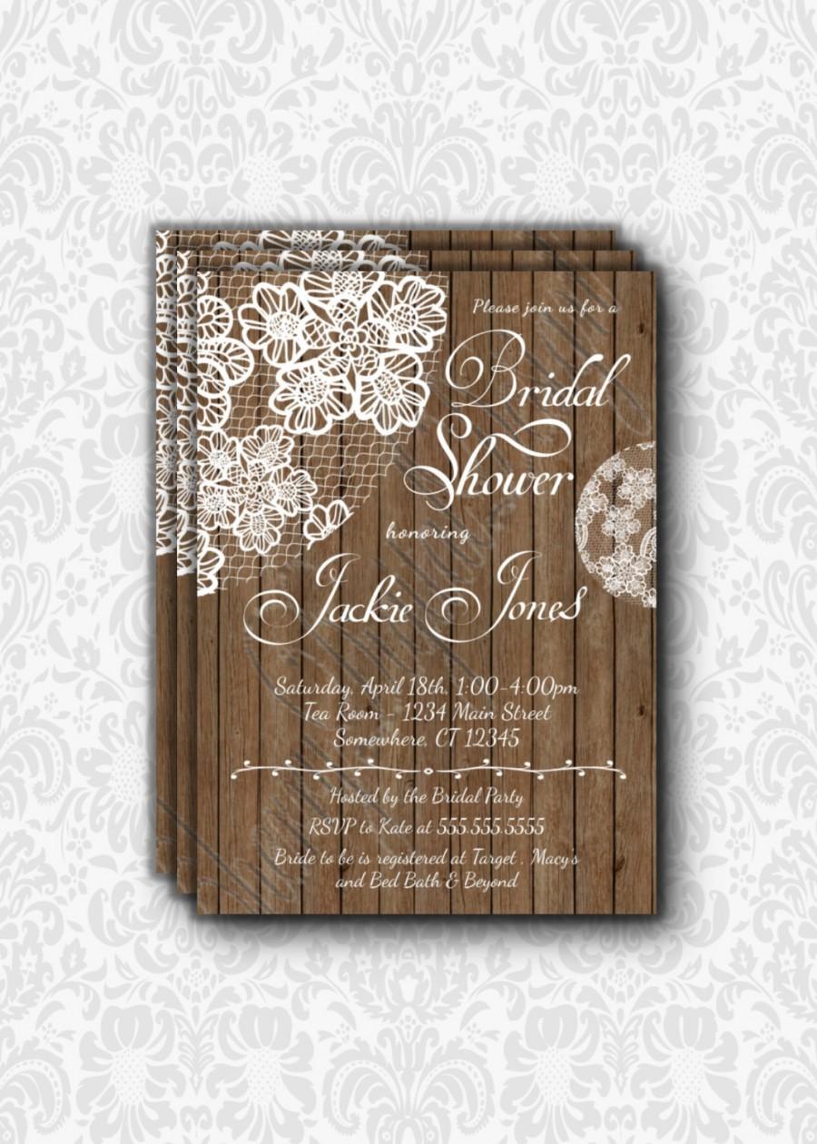 Wedding - Beautiful, rustic and simple wood & Lace Bridal Shower Invitation. PRINTABLE or PRINTED Invitation for a Wedding Shower.  White and brown