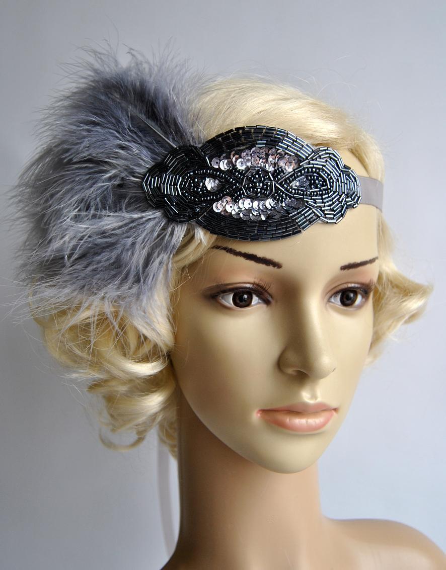زفاف - Silver gray beaded flapper Gatsby Headband,Wedding Headband, Beaded feathers headband, Crystal Wedding Headpiece, 1920s Flapper headband