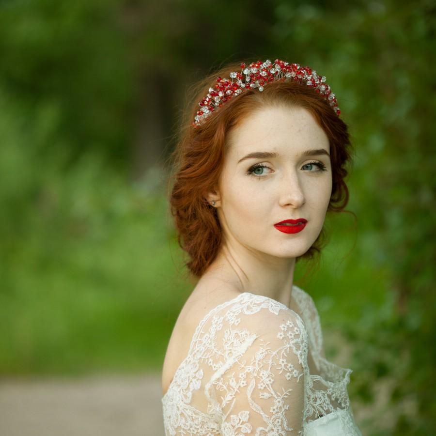 Hochzeit - Red white tiara Red white crystal bridal tiara Red wedding crown Red crystal headpiece Red crystal headband Red diadem
