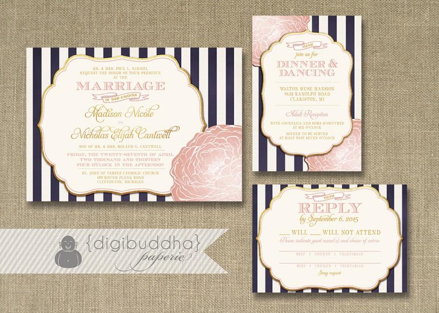 زفاف - Blush Pink & Gold Wedding Invitation RSVP Info Card 3 Piece Suite Navy Stripes Bloom Shabby Chic Vintage Rustic DIY or Printed - Madison
