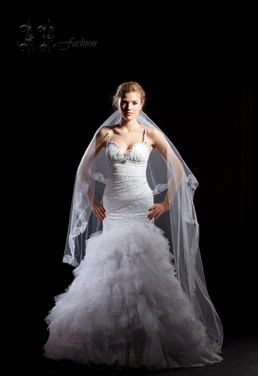 زفاف - Two Tier Long Lace Edge Bridal Veil. Soft Wedding Veil.Bridal Lace Veil.White Lace Wedding Veil.Soft Tulle Vell.Long Lace veil.