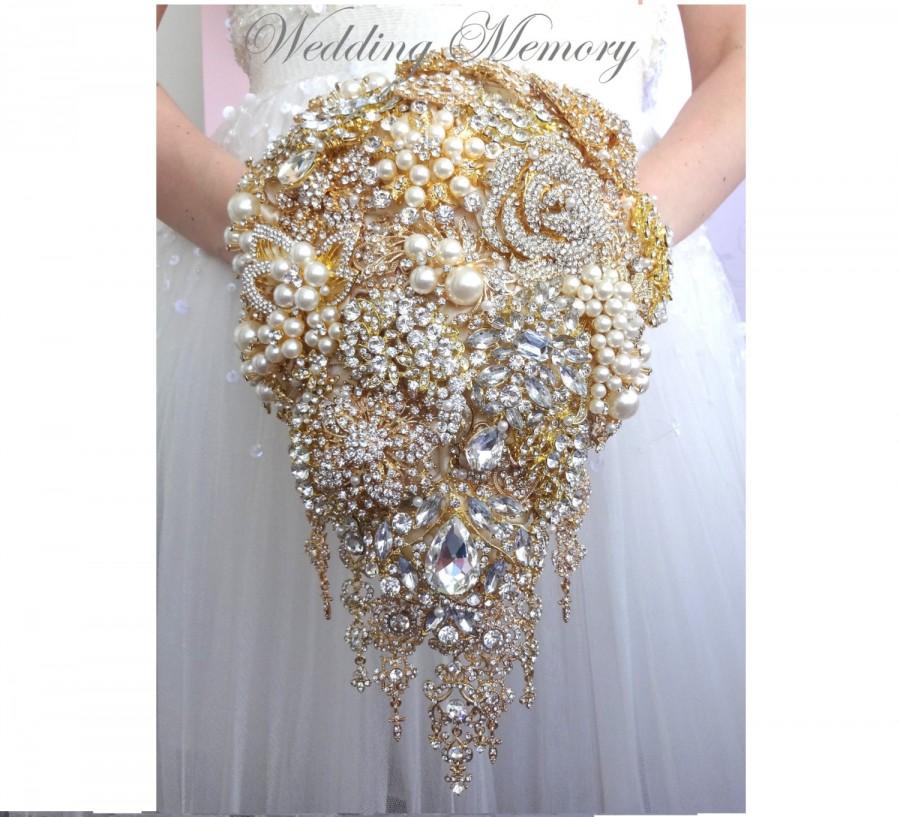 Wedding - Rose gold BROOCH BOUQUET in waterfall cascading teardrop gold Great Gatsby style, jeweled with rose design brooches for wedding