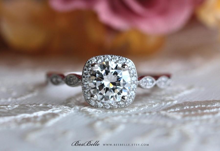 زفاف - 1.25 ct.tw Art Deco Ring-Halo Engagement Ring-6.0mm Center Brilliant Cut-Bridal Ring-Wedding Ring-Promise Ring-Sterling Silver [5553-1]